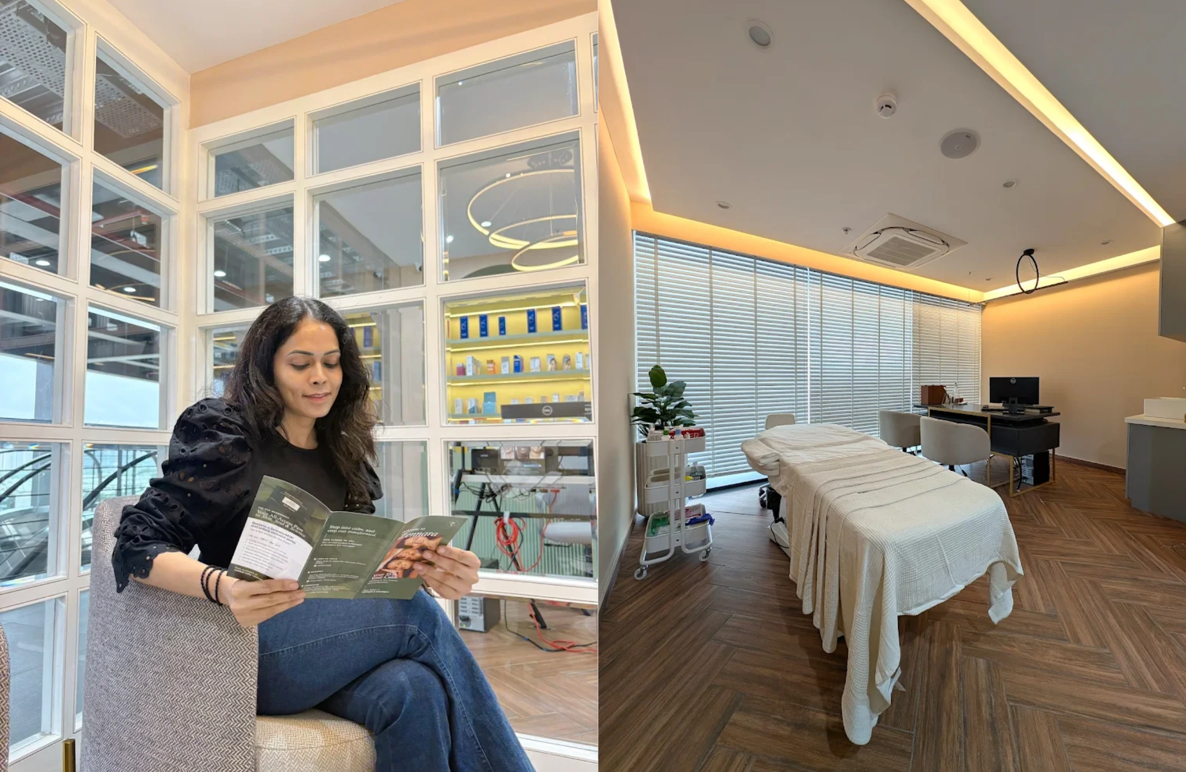 A woman reading a brochure in the waiting area and a modern treatment room with a therapy bed at the Best-skin-clinic-in-Financial-district.