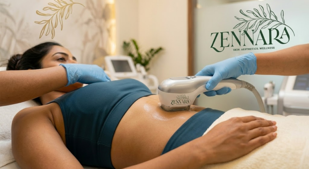 M Shape RF body contouring treatment session at Zennara Clinic Hyderabad — abdomen sculpting